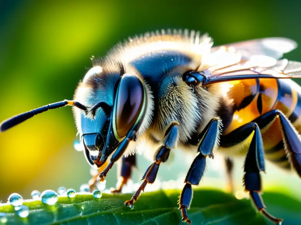 Detalles de las antenas de una abeja con gotas de néctar brillando al sol, ilustrando el mecanismo de detección de olores en insectos