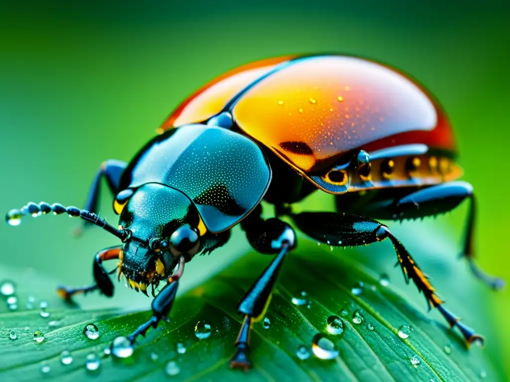 Detalles del apéndice de un escarabajo con gotas de agua brillantes, capturando la detección de humedad en insectos