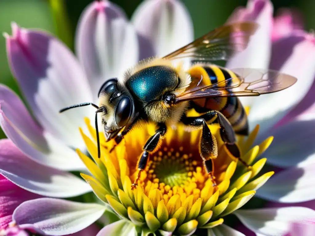 Detalles asombrosos de una abeja silvestre cubierta de polen amarillo brillante, preparándose para volar desde una delicada flor rosa