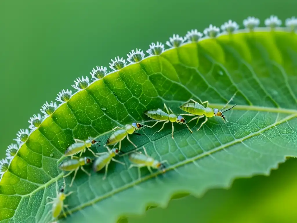 Detalles asombrosos de áfidos en hoja, con luz natural