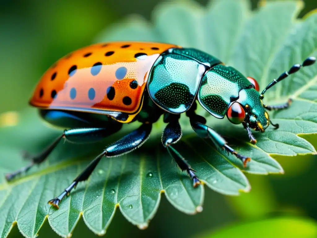 Detalles asombrosos de un escarabajo en una hoja con gotas de agua, capturando la genómica de los insectos para evolución