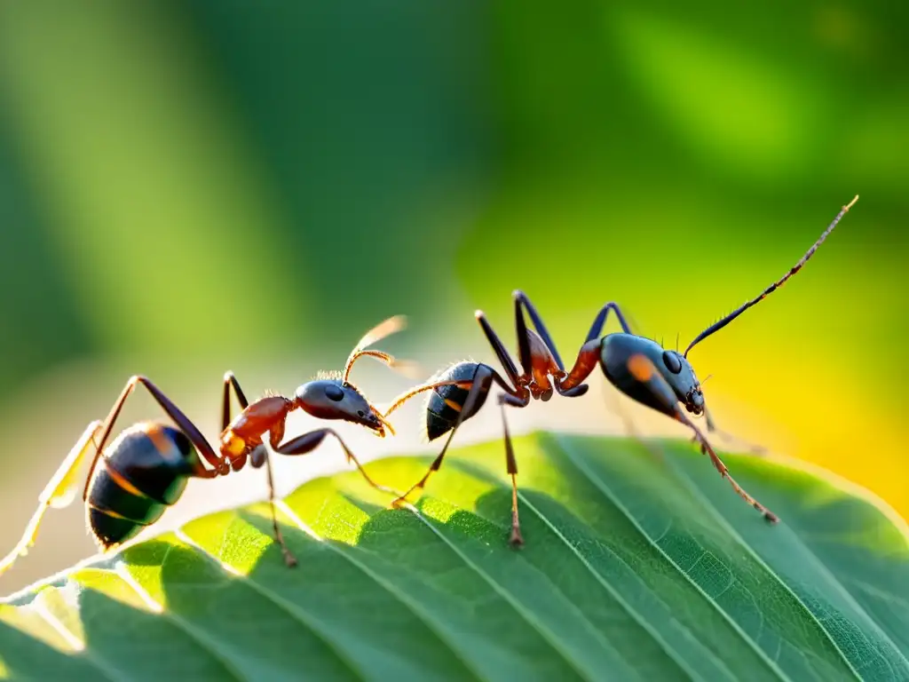 Detalles asombrosos de hormigas llevando una hoja verde, resaltando la belleza de la entomología y sus aportes a la medicina