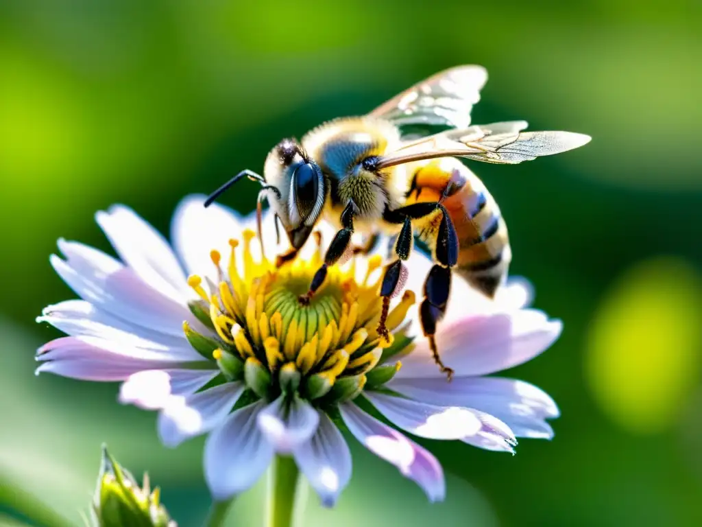 Detalles asombrosos de la naturaleza: colas adhesivas ecológicas inspiradas en insectos en una hermosa toma macro de una abeja y una flor