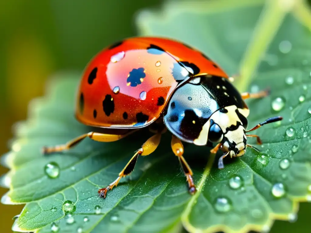 Detalles asombrosos de tácticas químicas repelentes insectos en el exoesqueleto de una mariquita, brillando bajo el sol