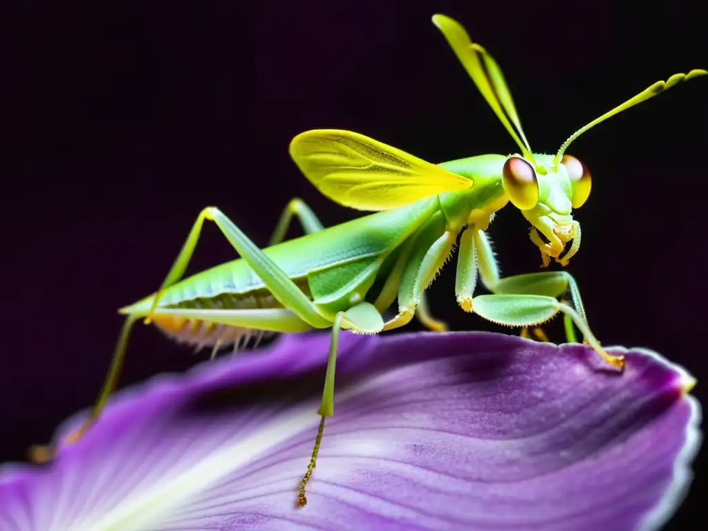Mantis orquídea verde en pétalo morado: maravillas de la naturaleza Detalles asombrosos de mantis orquídea verde sobre pétalo morado