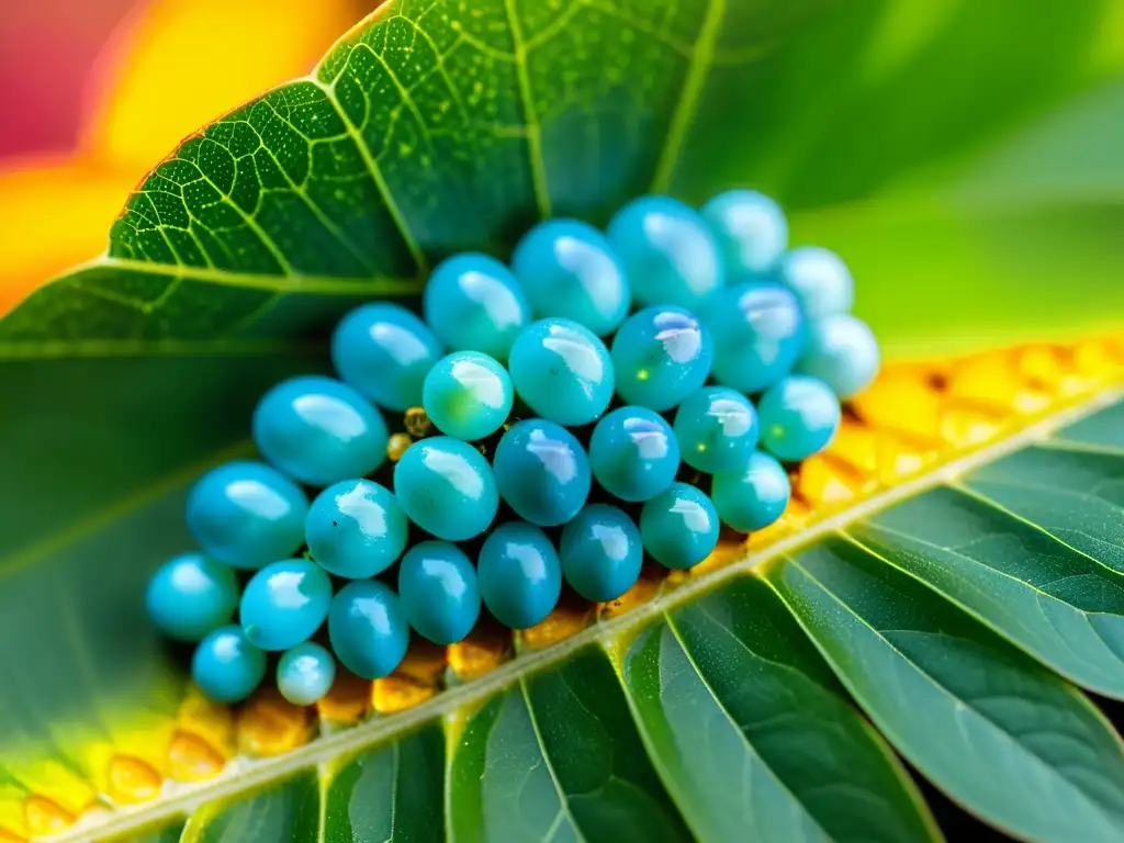 Detalles coloridos de huevos de escarabajo en hoja verde, resaltando la delicadeza y belleza natural