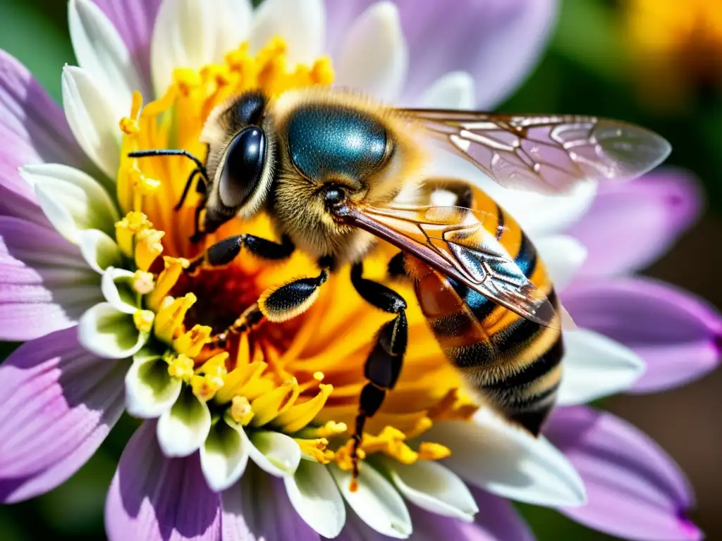 Detalles detallados de una abeja en una flor vibrante, mostrando la belleza y la importancia de estos polinizadores