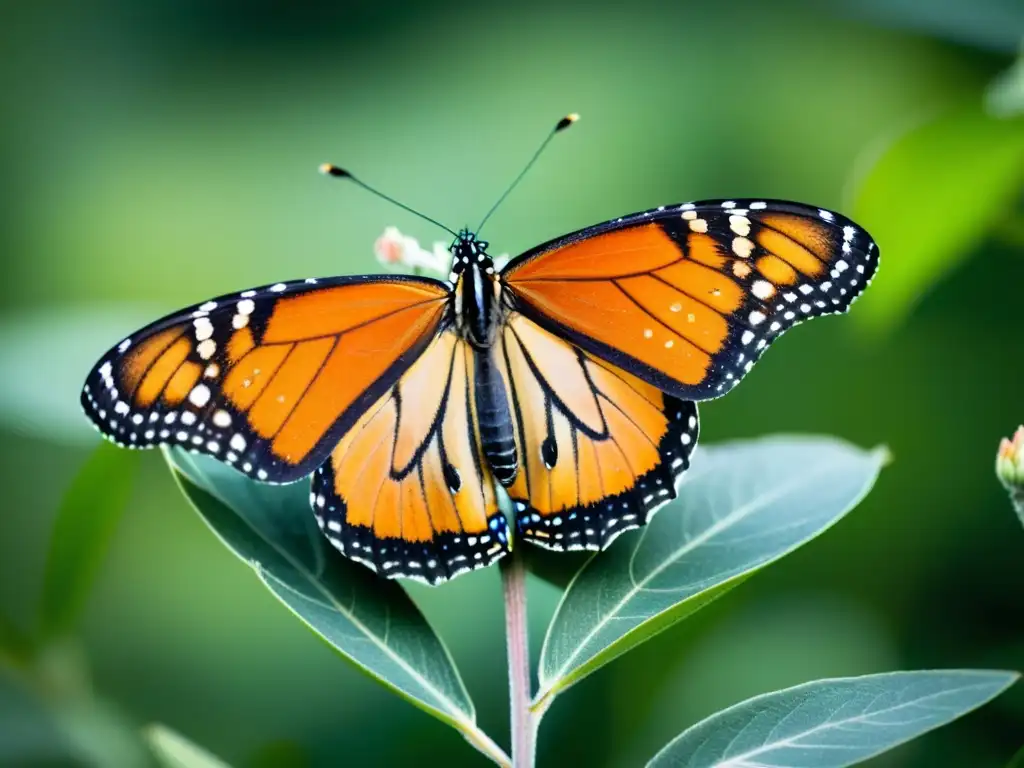 Detalles detallados de una mariposa monarca en una planta de algodoncillo, resaltando los patrones en sus alas