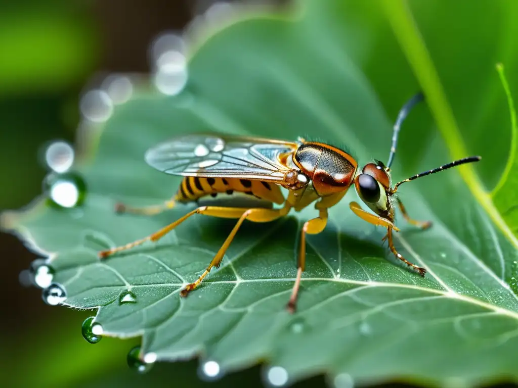 Detalles fascinantes de un insecto en una hoja, con sus antenas extendidas y patas cubiertas de diminutos pelos
