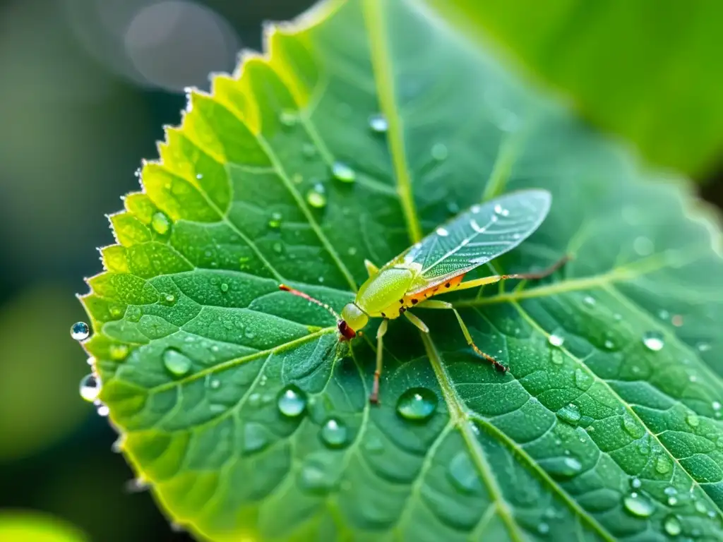 Detalles de una hoja verde con áfidos, iluminados por el sol