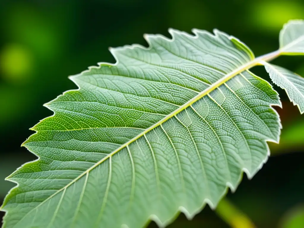 Detalles de una hoja verde cubierta de telarañas con pequeñas orugas