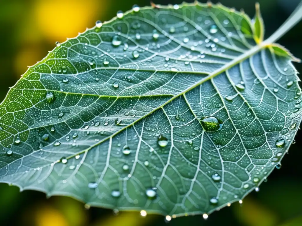 Detalles de una hoja verde cubierta de finas telarañas con gotas de rocío, insectos y brillo del sol