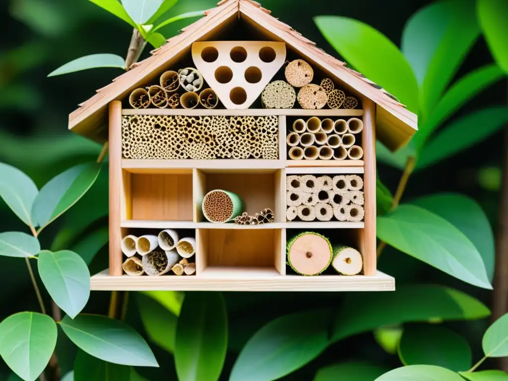 Detalles de un hotel de insectos para jardín entre exuberante vegetación, brindando refugio a insectos beneficiosos y atrayendo polinizadores