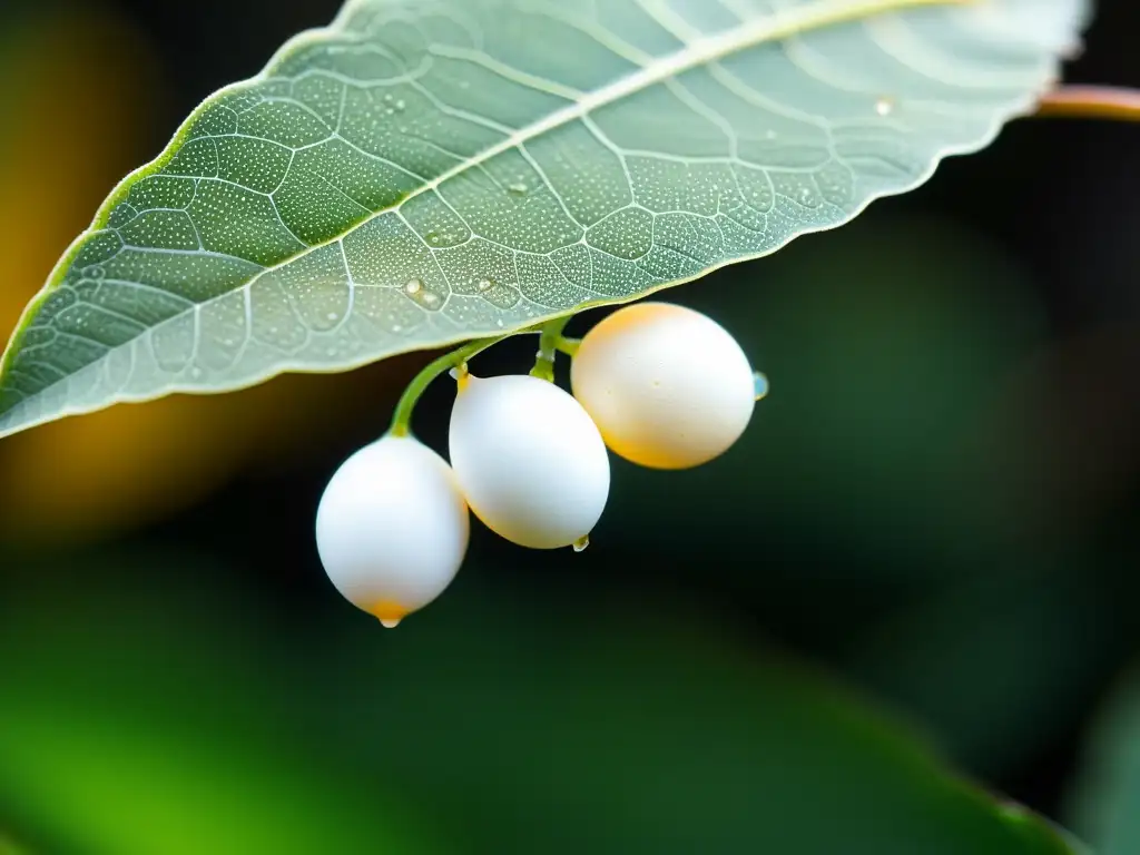 Huevos de insectos en macro: fragilidad y belleza Detalles de huevos de insectos en hoja resaltan la importancia de proteger su fragilidad durante etapa crucial de desarrollo