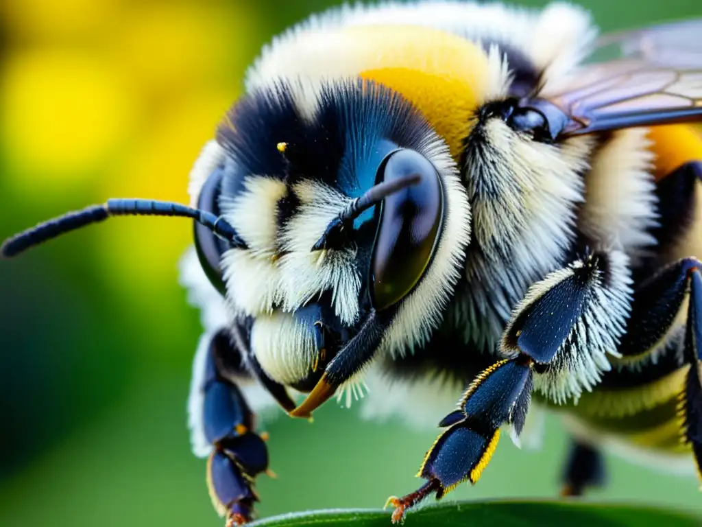 Detalles impactantes de un abejorro cubierto de polen, revelando adaptaciones evolutivas insectos polinizadores al recolectar néctar de una flor