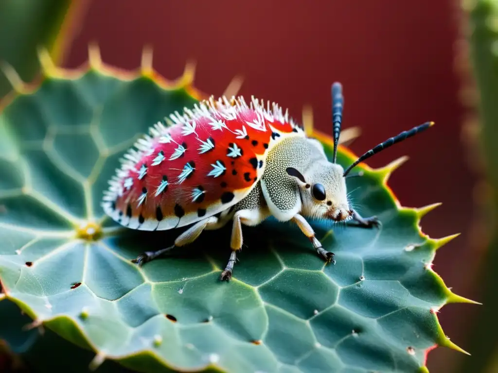 Detalles impactantes de cochinilla roja en nopal, resaltando su impacto en colorantes naturales para la dieta