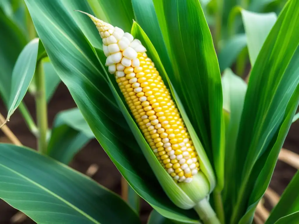 Detalles impactantes de un cultivo transgénico de maíz, con hojas verdes vibrantes y una mazorca desarrollándose