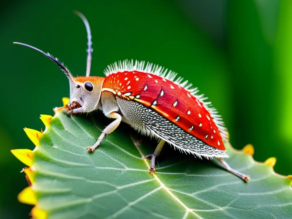 Detalles impresionantes de una cochinilla roja en una hoja de cactus, impacto de colorantes naturales en la dieta y salud