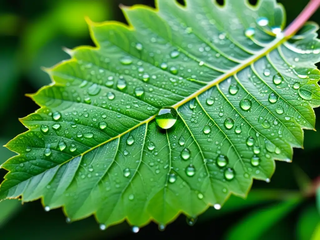 Detalles impresionantes de una hoja verde cubierta de gotas de agua