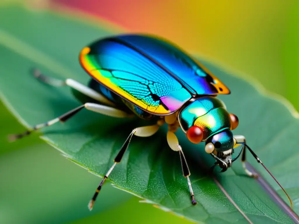 Detalles impresionantes de la tecnología wearable para monitoreo de insectos en una imagen de un dispositivo moderno en un insecto colorido