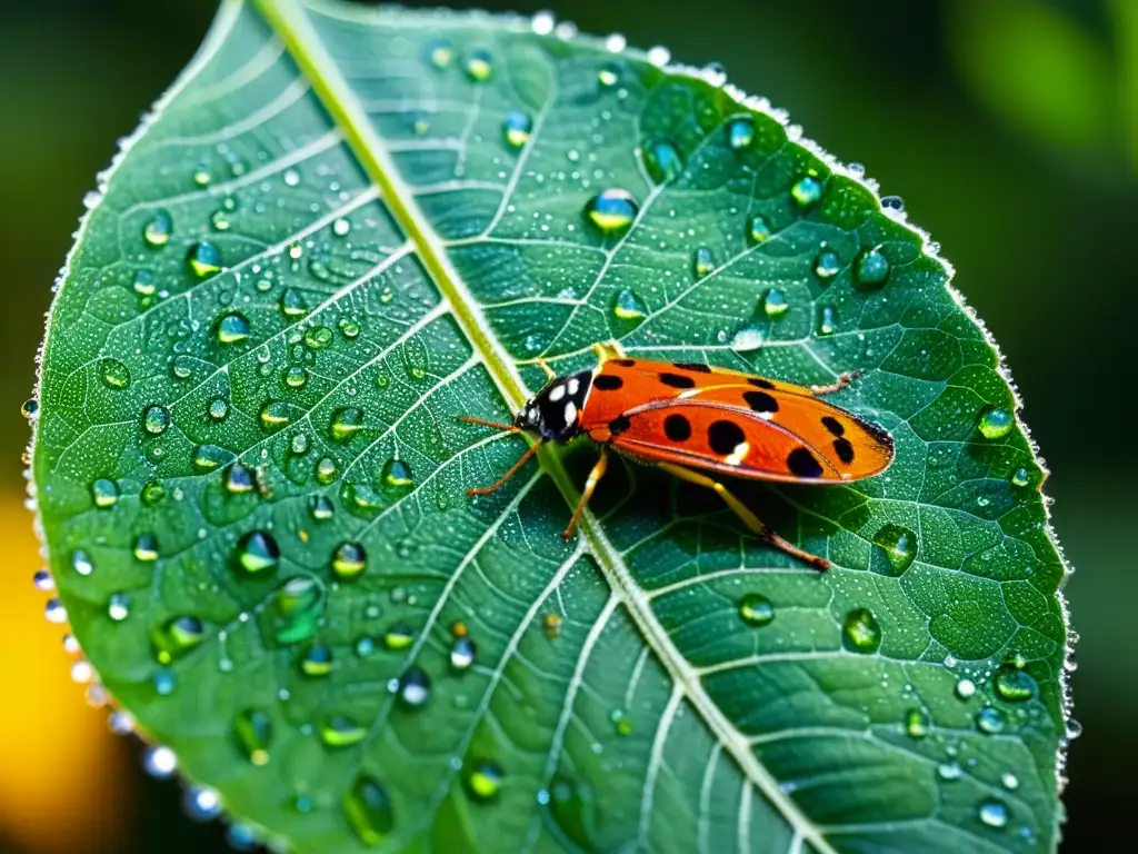 Detalles de insectos en hoja brillante con gotas de rocío - Importancia de los insectos en ecología