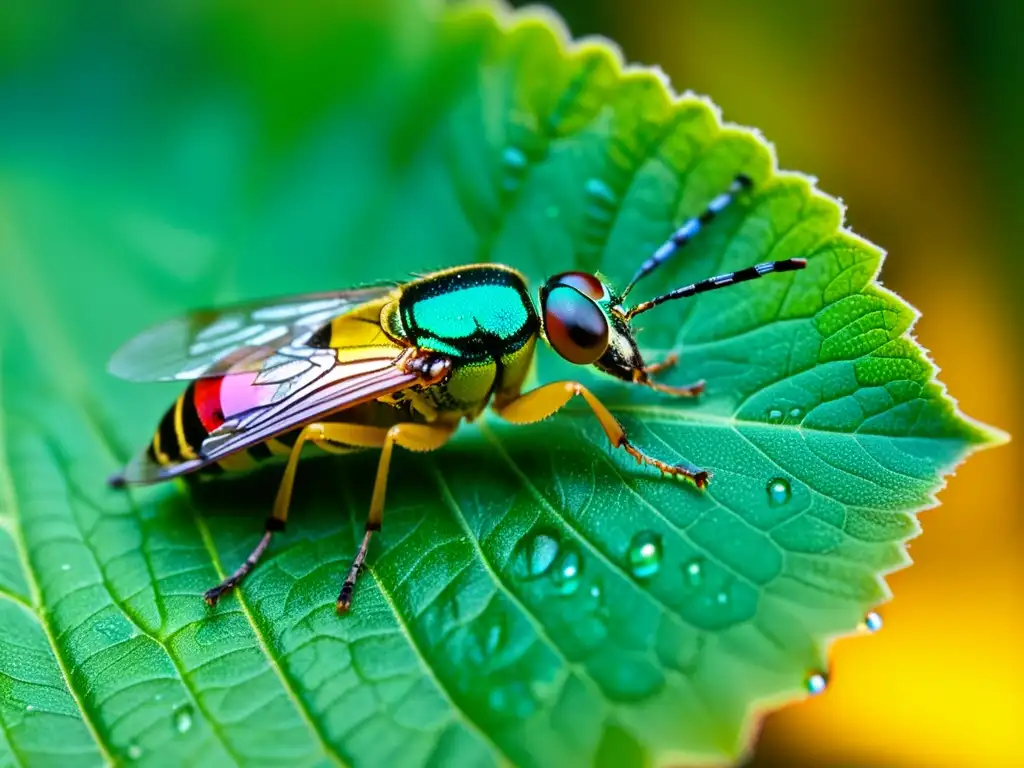 Detalles iridiscentes de un insecto en hoja verde con gotas de agua, evoca detección temprana insectos invasores automatizada