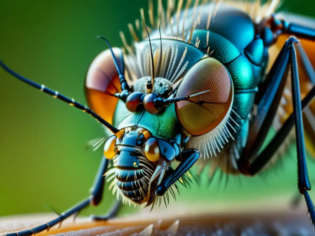 Detalles iridiscentes del ojo compuesto de un mosquito, resaltando la resistencia genética insectos pesticidas