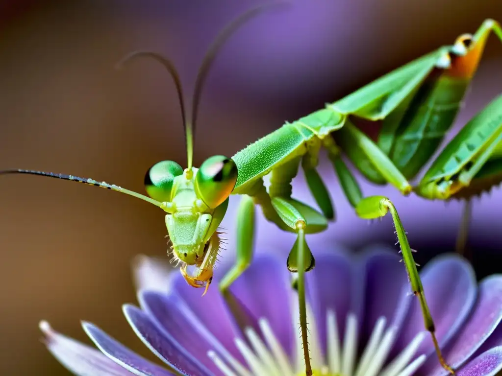 Detalles de una mantis religiosa verde sobre una flor morada