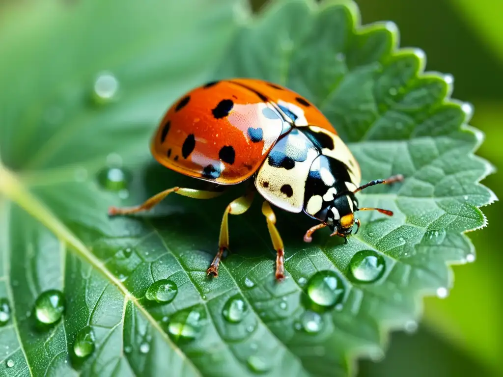 Detalles de una mariquita en una hoja verde con gotas de rocío, destacando la importancia de los pesticidas de baja toxicidad en los ecosistemas