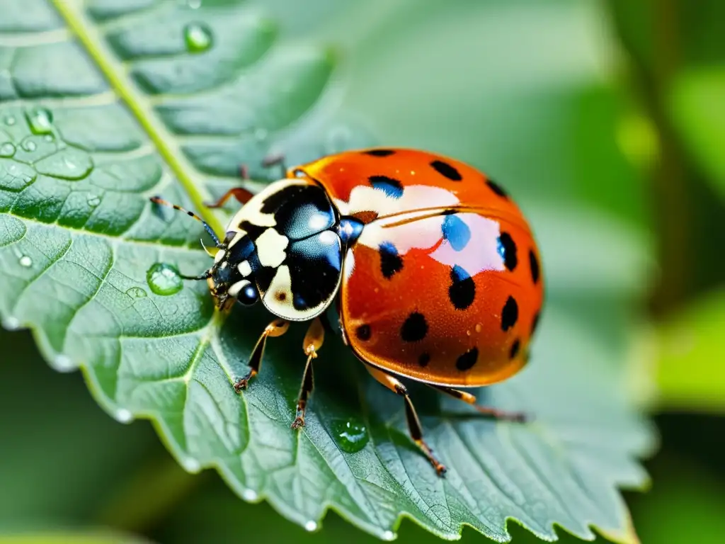 Detalles de una mariquita sobre una hoja verde brillante, con sus alas rojas y negras extendidas