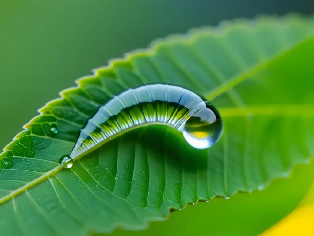 Detalles nítidos de una diminuta larva en una gota de agua sobre una hoja verde