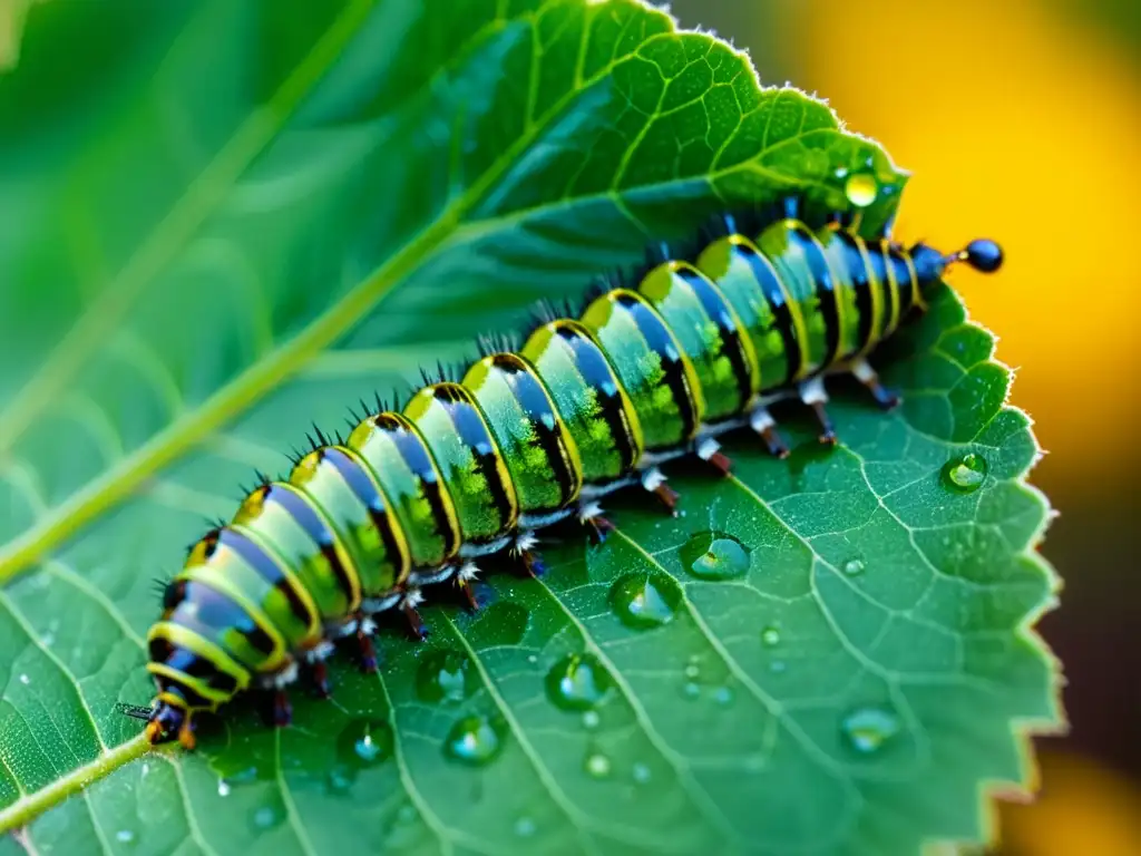 Detalles de una oruga en una hoja con gotas de agua, mostrando impacto del cambio climático en la metamorfosis de los insectos