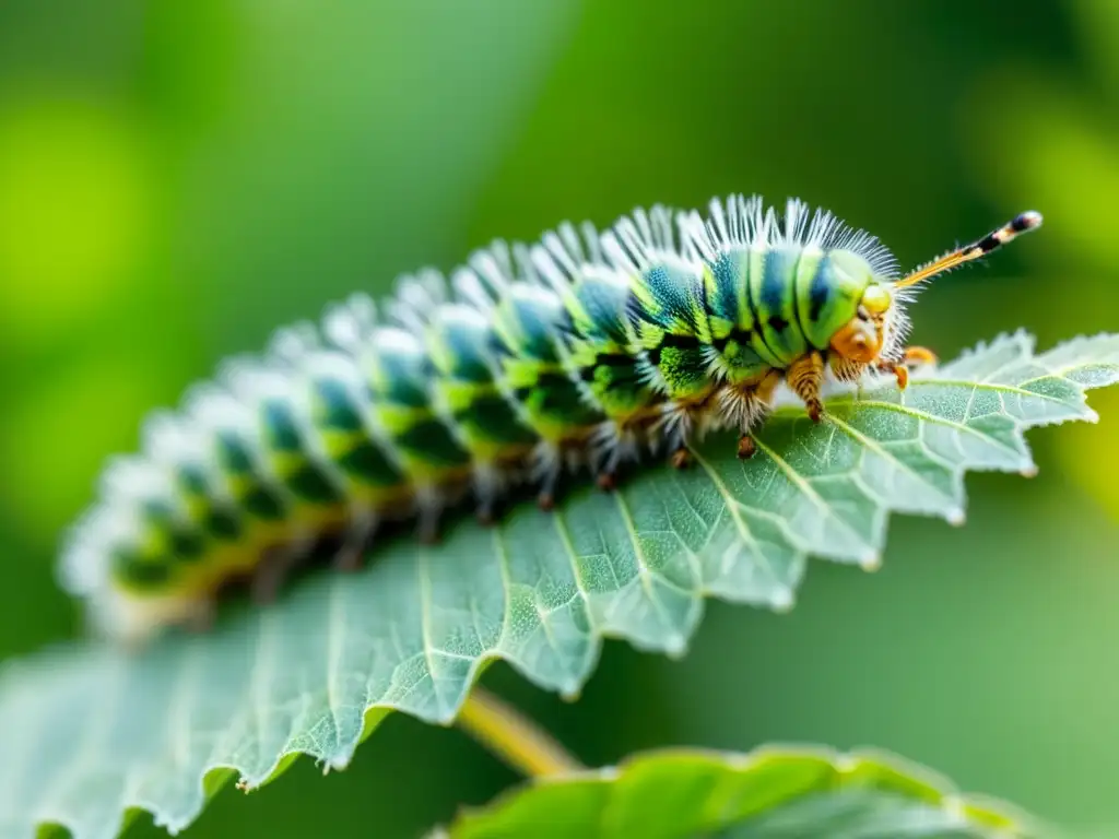 Detalles de una oruga verde sobre una hoja con luz matutina, mostrando la metamorfosis de oruga a mariposa en la naturaleza