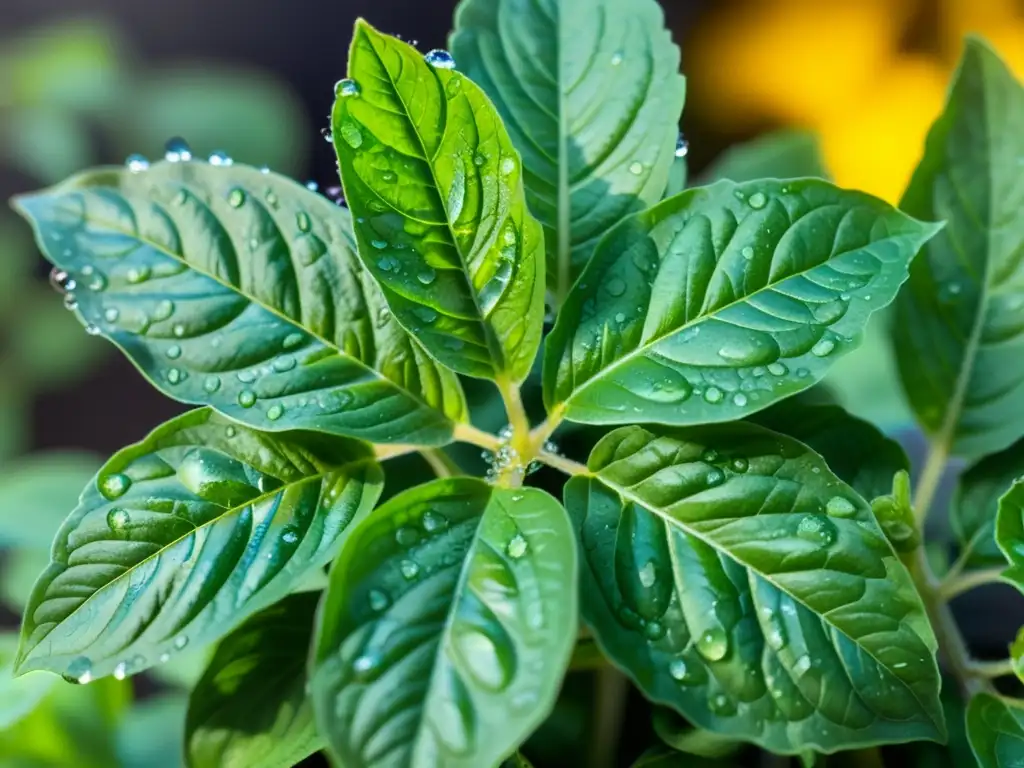 Detalles de una planta de albahaca con gotas de agua brillantes al sol