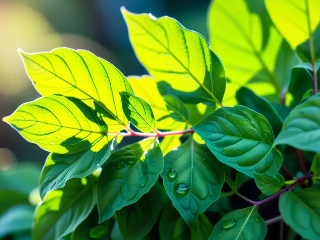 Detalles de una planta de albahaca verde vibrante en un jardín soleado, con gotas de agua en sus hojas