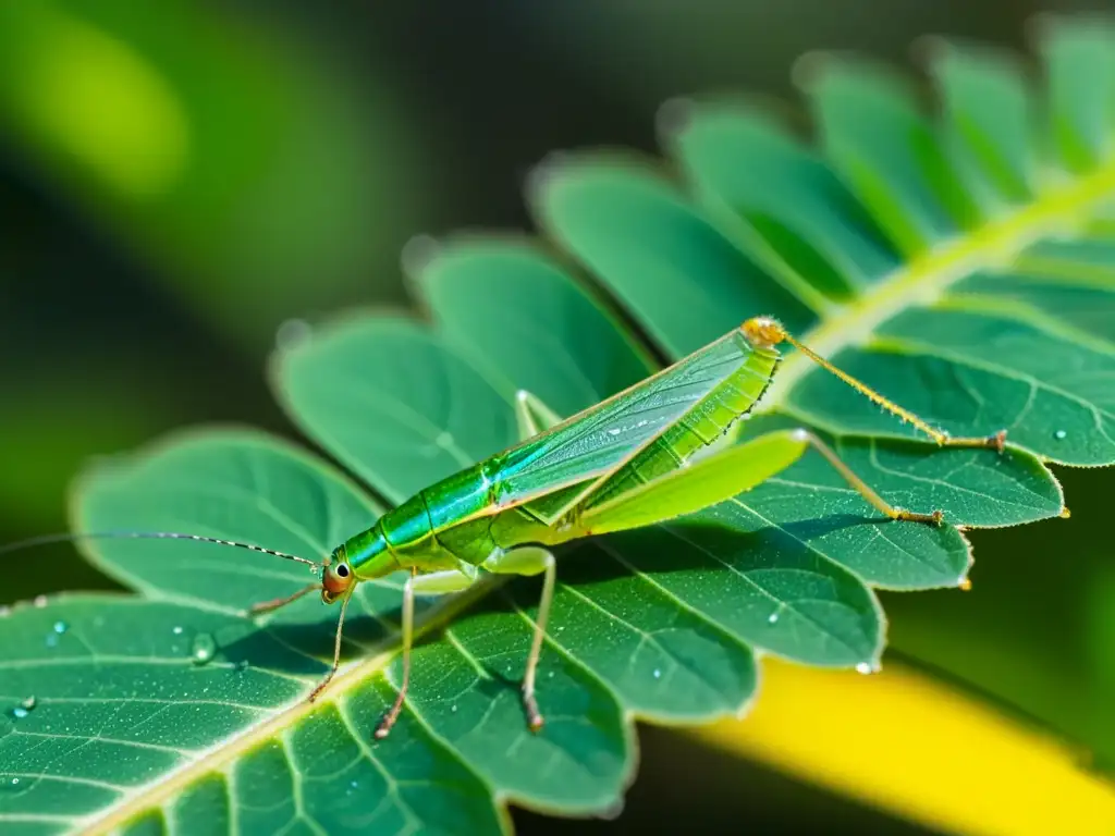 Detalles de un saltamontes verde en hoja, mejorando la observación de insectos con los mejores binoculares