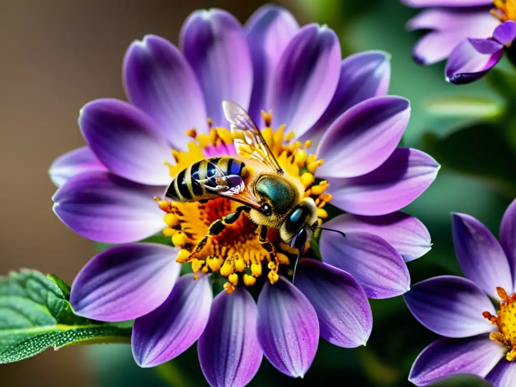 Detalles ultraprecisos de una abeja recolectando polen de una flor morada, resaltando la relación entre insectos y agricultura