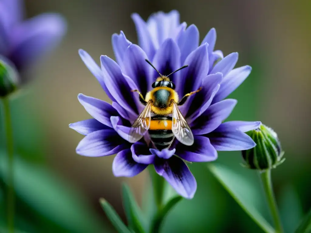 Detalles de un vibrante y delicado lirio morado, con insectos beneficiosos y aromas atrayentes