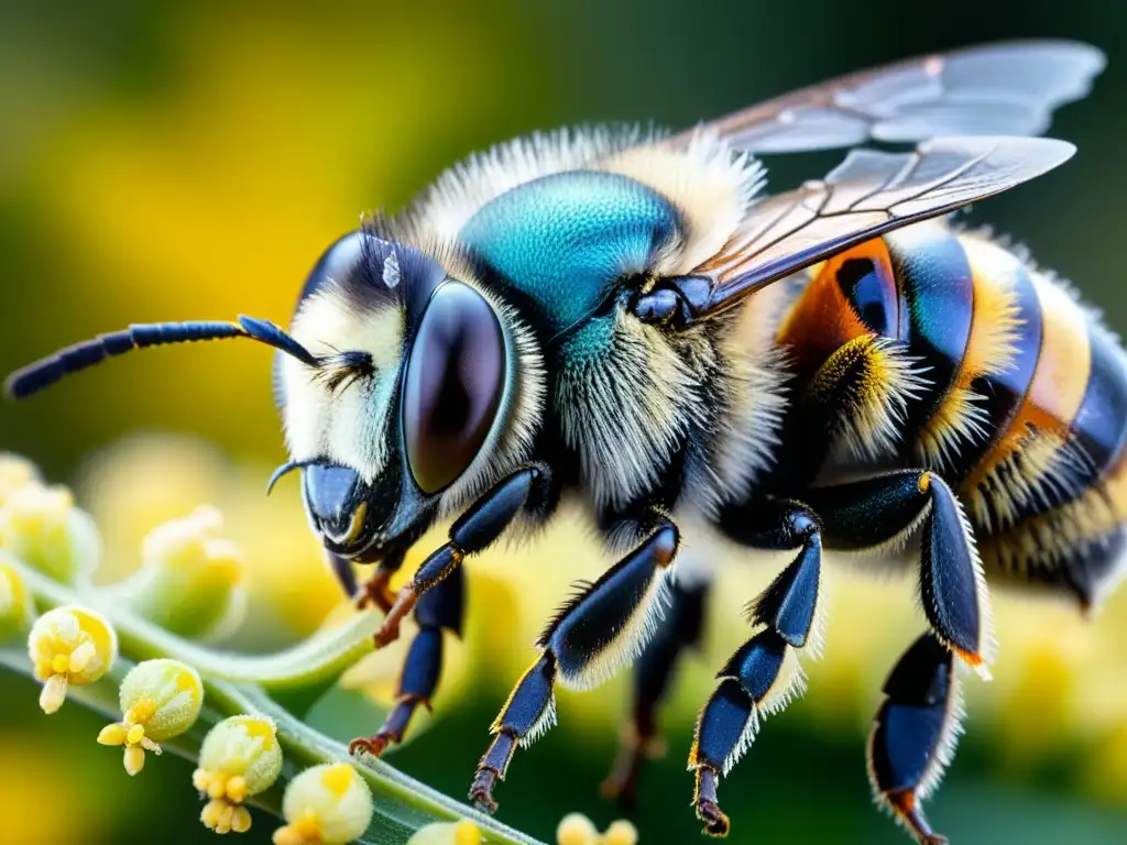 Detalles vibrantes de una abeja cubierta de polen, resaltando la belleza intrincada de este vital insecto en su entorno natural