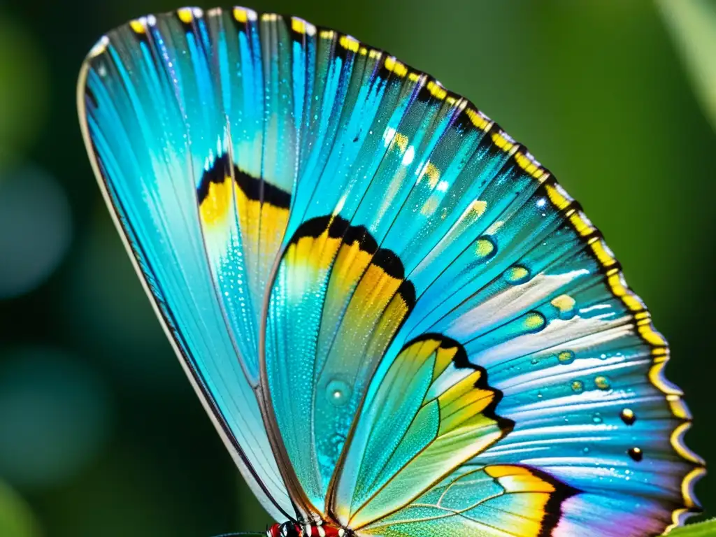 Detalles vibrantes de una ala de mariposa iridiscente con gotas de rocío, mostrando técnicas avanzadas conservación mariposas