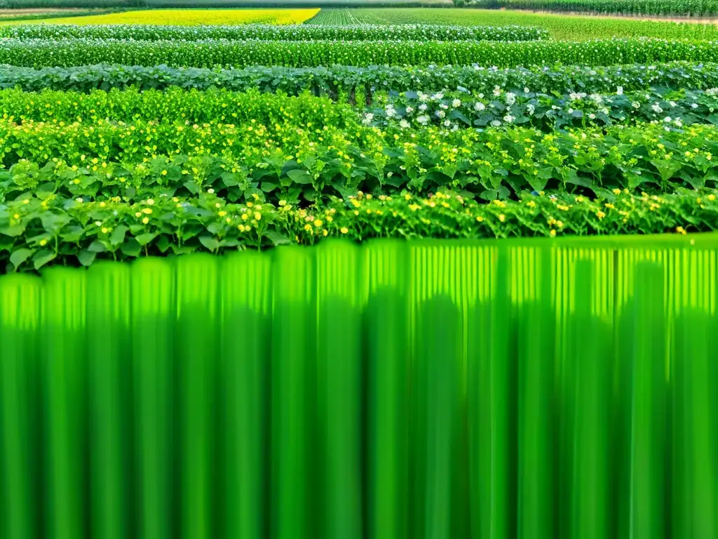 Detalles vibrantes de un campo de soja verde exuberante, mostrando la belleza del monocultivo y la amenaza a insectos