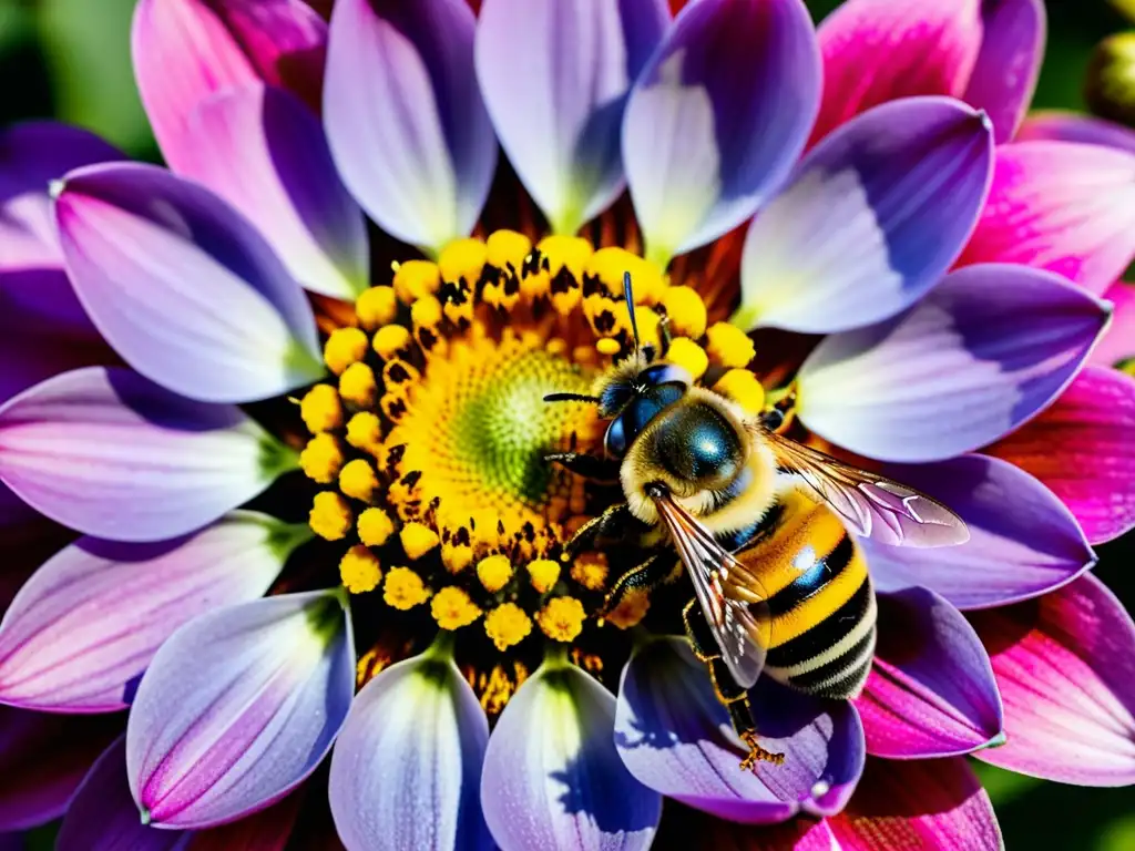 Detalles vibrantes de una flor en un jardín atractivo para insectos beneficiosos, con abeja recolectando polen