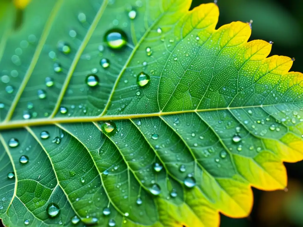 Detalles vibrantes de hoja verde con insectos y gotas de rocío, ideal para los mejores binoculares observación insectos