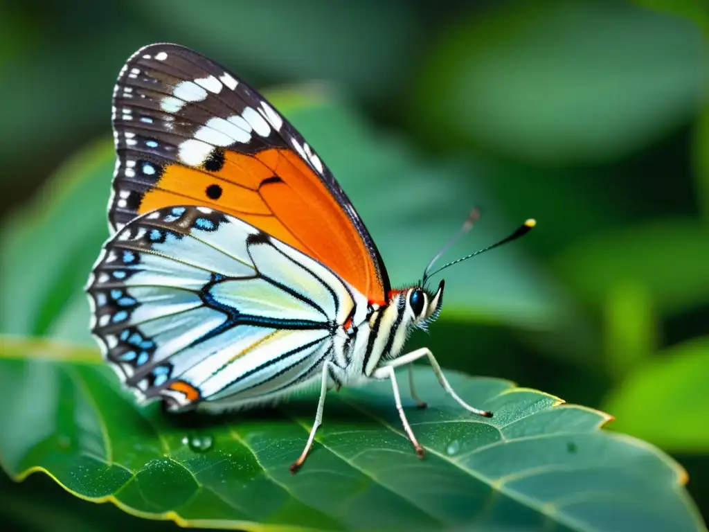 Detalles vibrantes de mariposa en peligro de extinción sobre hoja