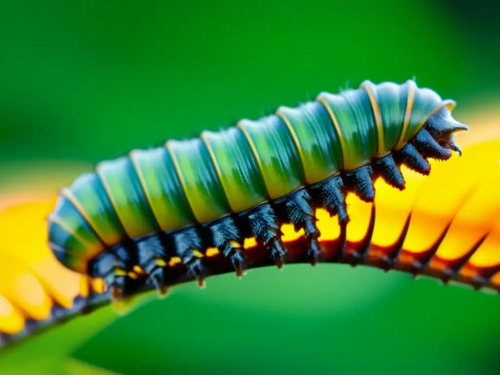 Detalles vibrantes de una oruga en metamorfosis, destacando su adaptación de insectos a cambios con claridad asombrosa