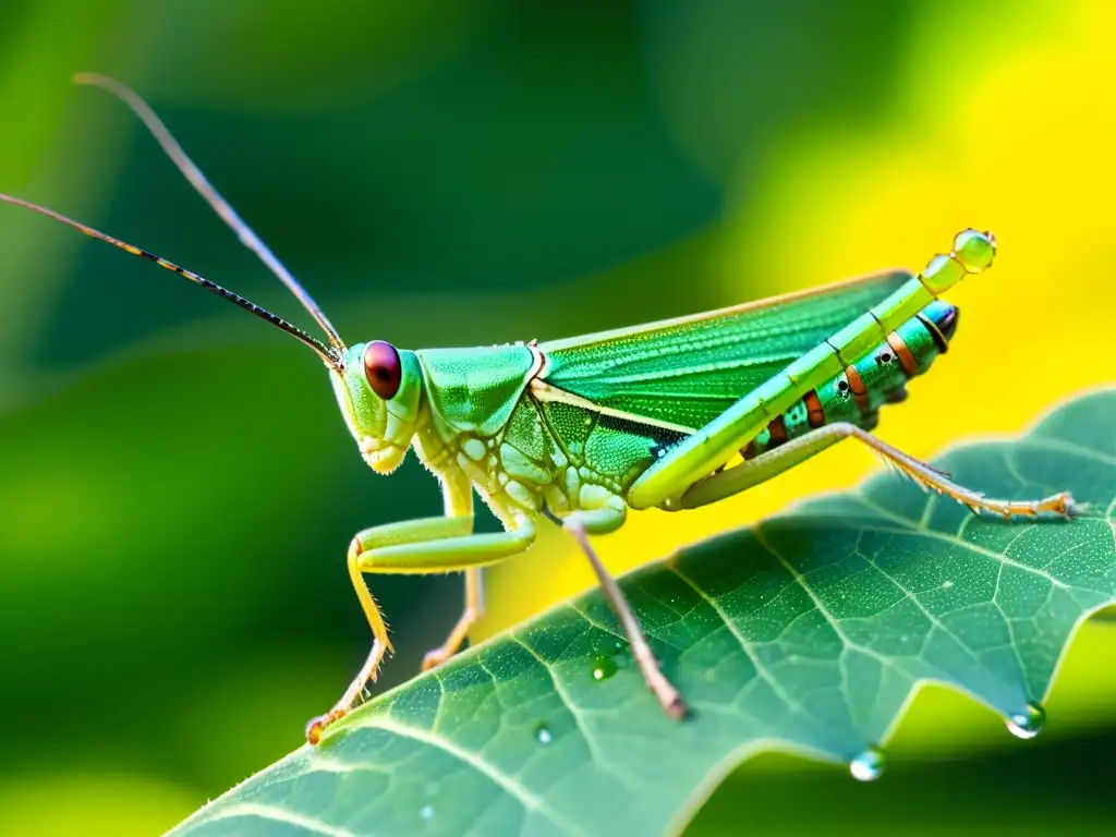 Detalles vibrantes de un saltamontes sobre una hoja, iluminado por el sol