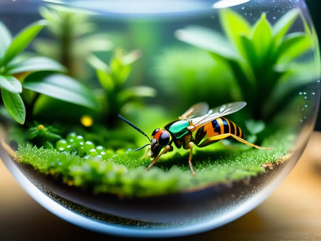 Detalles vibrantes de un terrario para insectos en casa, con exoesqueletos, gotas de agua y un ecosistema en miniatura