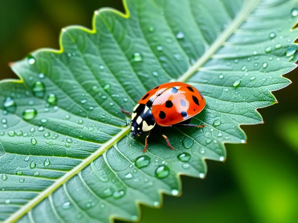 Detalles vívidos de una hoja verde con gotas de agua y una mariquita, mostrando el impacto ambiental de los insecticidas