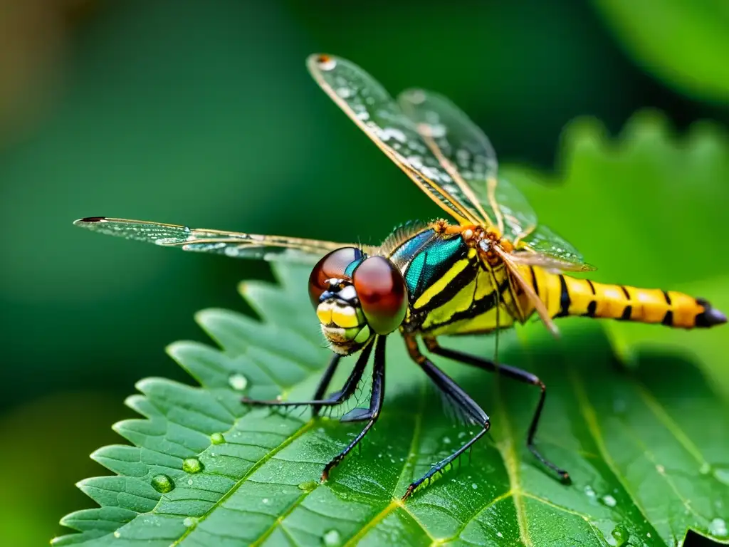 Detección de humedad en insectos: Detalle macro de una libélula sobre una hoja mojada con sus alas brillantes con gotas de agua