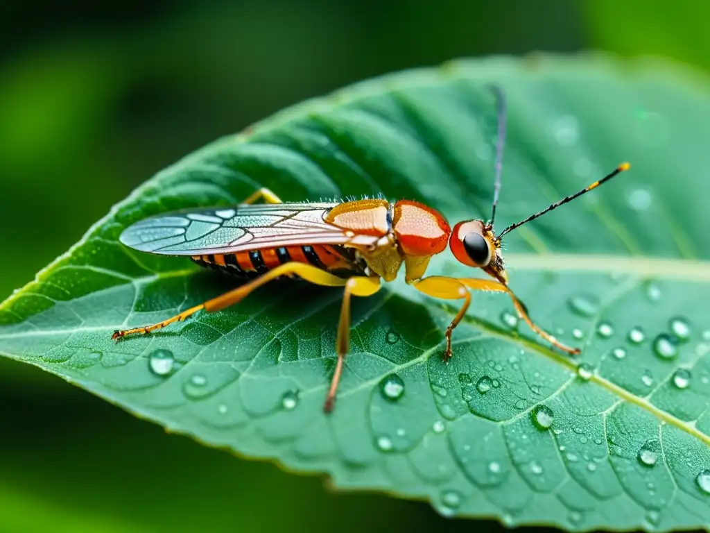 Detección temprana insectos invasores automatizada: Detalle de un insecto invasor en una hoja verde con gotas de rocío